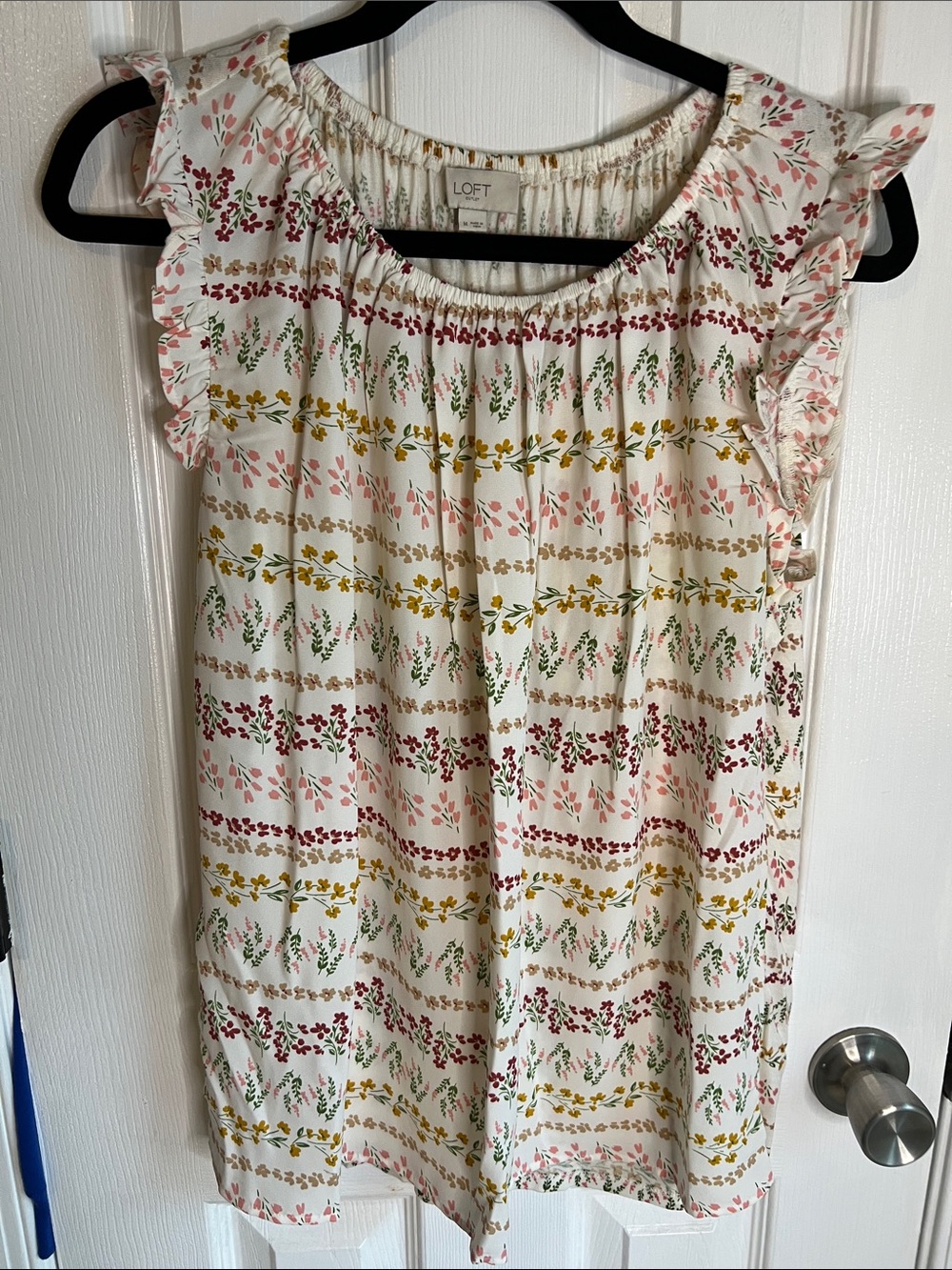 LOFT Cream Blouse with Pink, Green, Mustard & Maroon Floral Stripes
